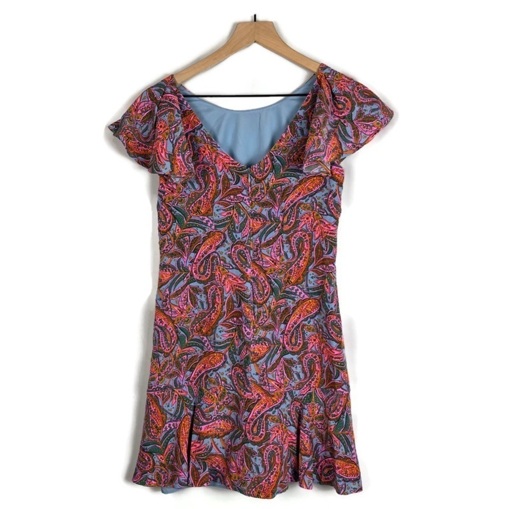 J. CREW Pink Blue Paisley 100% Silk Cap Flutter Sleeve Mini Dress Size 2 Petite - Picture 4 of 14